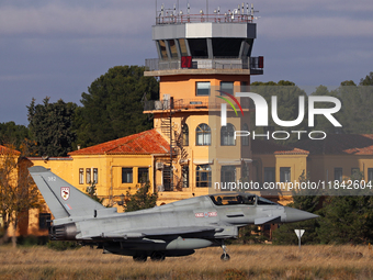 A British Royal Air Force Eurofighter Typhoon FGR.4 heads to the runway to take off from the Los Llanos military air base during the Tactica...