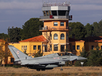 A British Royal Air Force Eurofighter Typhoon FGR.4 heads to the runway to take off from the Los Llanos military air base during the Tactica...