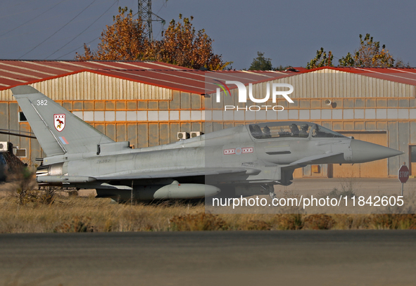 A British Royal Air Force Eurofighter Typhoon FGR.4 heads to the runway to take off from the Los Llanos military air base during the Tactica...