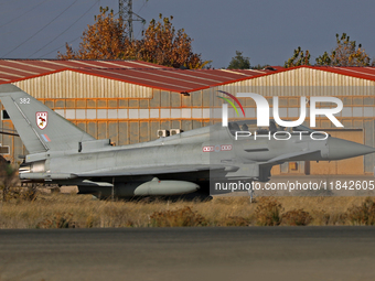 A British Royal Air Force Eurofighter Typhoon FGR.4 heads to the runway to take off from the Los Llanos military air base during the Tactica...