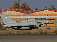 A British Royal Air Force Eurofighter Typhoon FGR.4 heads to the runway to take off from the Los Llanos military air base during the Tactica...