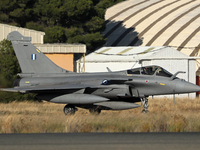 A Dassault Rafale EG of the Hellenic Air Force heads to the runway to take off from the Los Llanos military air base during the Tactical Lea...