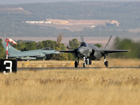 A Lockheed Martin F-35A Lightning II of the Italy Air Force heads to the runway to take off from Los Llanos military air base during the Tac...