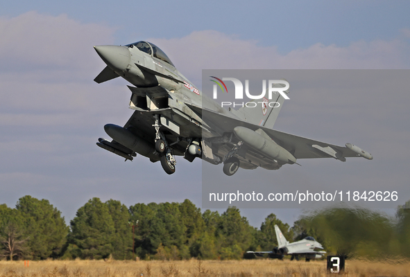 A British Royal Air Force Eurofighter Typhoon FGR.4 takes off from Los Llanos military air base during the Tactical Leadership Programme in...