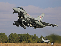 A British Royal Air Force Eurofighter Typhoon FGR.4 takes off from Los Llanos military air base during the Tactical Leadership Programme in...