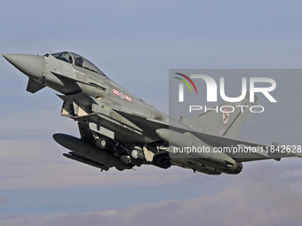 A British Royal Air Force Eurofighter Typhoon FGR.4 takes off from Los Llanos military air base during the Tactical Leadership Programme in...