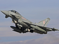 A British Royal Air Force Eurofighter Typhoon FGR.4 takes off from Los Llanos military air base during the Tactical Leadership Programme in...