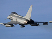 A British Royal Air Force Eurofighter Typhoon FGR.4 takes off from Los Llanos military air base during the Tactical Leadership Programme in...