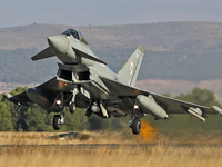 A British Royal Air Force Eurofighter Typhoon FGR.4 takes off from Los Llanos military air base during the Tactical Leadership Programme in...