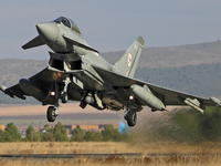 A British Royal Air Force Eurofighter Typhoon FGR.4 takes off from Los Llanos military air base during the Tactical Leadership Programme in...