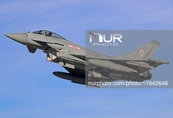 A British Royal Air Force Eurofighter Typhoon FGR.4 takes off from Los Llanos military air base during the Tactical Leadership Programme in...