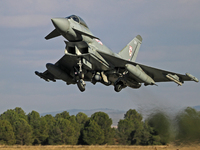 A British Royal Air Force Eurofighter Typhoon FGR.4 takes off from Los Llanos military air base during the Tactical Leadership Programme in...