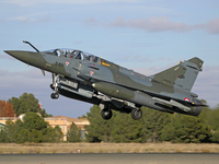 A Dassault Mirage 2000D of the Armee de l'Air lands at Los Llanos military air base during the Tactical Leadership Programme in Albacete, Sp...