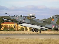 A Dassault Mirage 2000D of the Armee de l'Air lands at Los Llanos military air base during the Tactical Leadership Programme in Albacete, Sp...