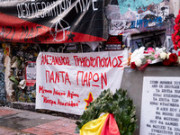 People leave flowers at the monument of Alexis Grigoropoulos in Athens, Greece, on December 6, 2024, marking the 16th anniversary of the dea...