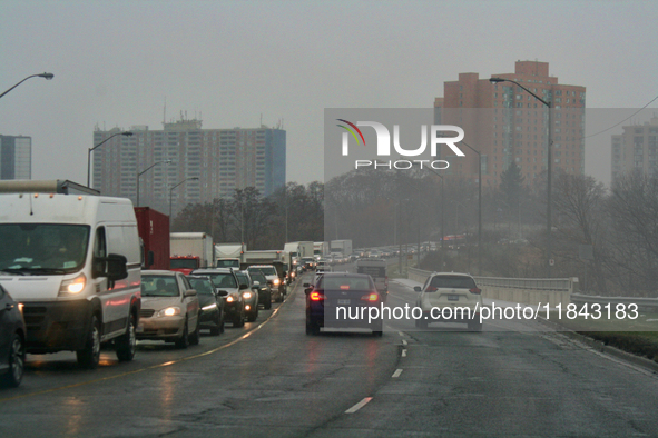 Heavy vehicle traffic occurs in Mississauga, Ontario, Canada, on December 4, 2024. 