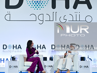 Badr Mohammed Al-Meer, Group Chief Executive Officer of Qatar Airways, answers questions during the Doha Forum 2024 at Sheraton Grand Doha R...