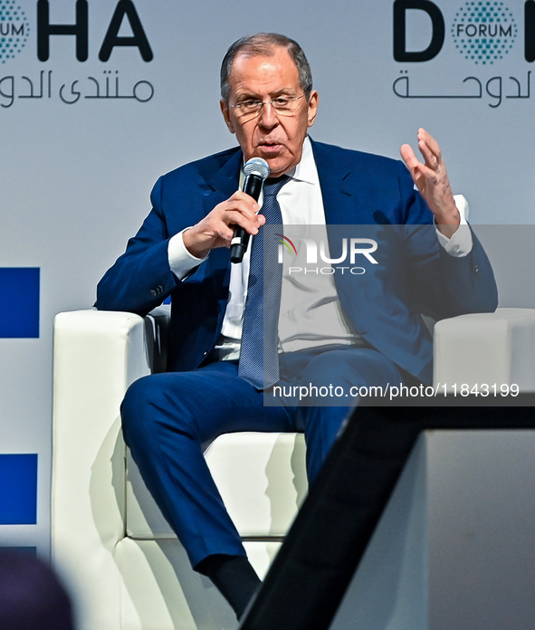 Russian Foreign Minister Sergei Lavrov speaks during the Doha Forum 2024 at Sheraton Grand Doha Resort & Convention Hotel ahead of the 22nd...