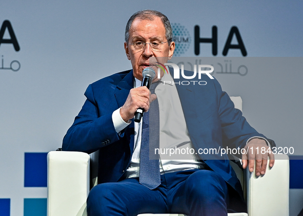 Russian Foreign Minister Sergei Lavrov speaks during the Doha Forum 2024 at Sheraton Grand Doha Resort & Convention Hotel ahead of the 22nd...