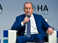 Russian Foreign Minister Sergei Lavrov speaks during the Doha Forum 2024 at Sheraton Grand Doha Resort & Convention Hotel ahead of the 22nd...