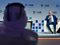 Russian Foreign Minister Sergei Lavrov speaks during the Doha Forum 2024 at Sheraton Grand Doha Resort & Convention Hotel ahead of the 22nd...