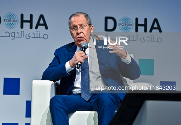 Russian Foreign Minister Sergei Lavrov speaks during the Doha Forum 2024 at Sheraton Grand Doha Resort & Convention Hotel ahead of the 22nd...