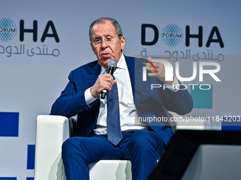 Russian Foreign Minister Sergei Lavrov speaks during the Doha Forum 2024 at Sheraton Grand Doha Resort & Convention Hotel ahead of the 22nd...