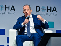 Russian Foreign Minister Sergei Lavrov speaks during the Doha Forum 2024 at Sheraton Grand Doha Resort & Convention Hotel ahead of the 22nd...