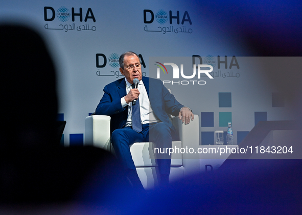 Russian Foreign Minister Sergei Lavrov speaks during the Doha Forum 2024 at Sheraton Grand Doha Resort & Convention Hotel ahead of the 22nd...