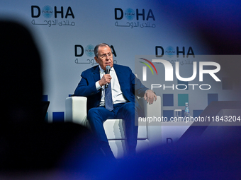 Russian Foreign Minister Sergei Lavrov speaks during the Doha Forum 2024 at Sheraton Grand Doha Resort & Convention Hotel ahead of the 22nd...