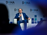 Russian Foreign Minister Sergei Lavrov speaks during the Doha Forum 2024 at Sheraton Grand Doha Resort & Convention Hotel ahead of the 22nd...