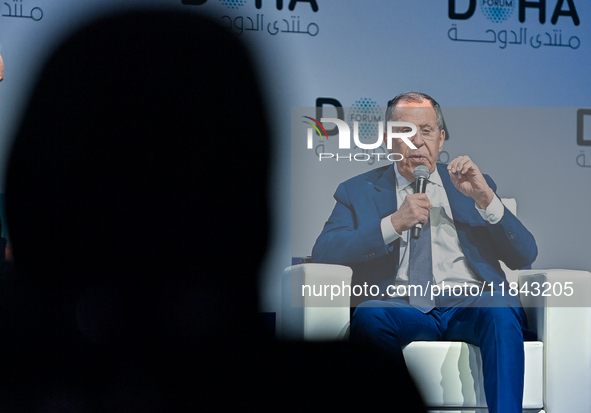 Russian Foreign Minister Sergei Lavrov speaks during the Doha Forum 2024 at Sheraton Grand Doha Resort & Convention Hotel ahead of the 22nd...