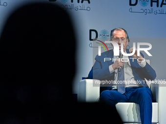 Russian Foreign Minister Sergei Lavrov speaks during the Doha Forum 2024 at Sheraton Grand Doha Resort & Convention Hotel ahead of the 22nd...