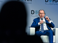 Russian Foreign Minister Sergei Lavrov speaks during the Doha Forum 2024 at Sheraton Grand Doha Resort & Convention Hotel ahead of the 22nd...