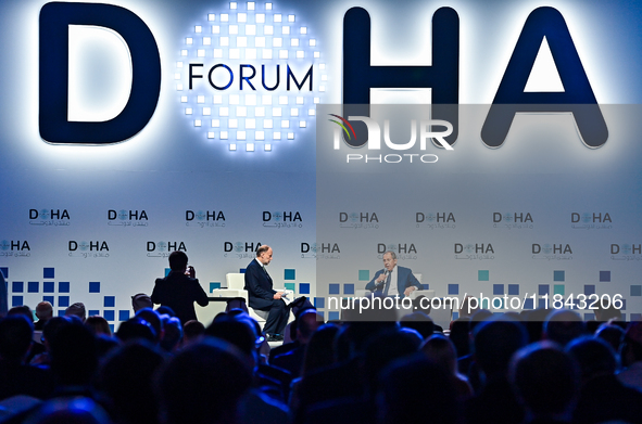 Russian Foreign Minister Sergei Lavrov answers questions during the Doha Forum 2024 at Sheraton Grand Doha Resort & Convention Hotel ahead o...