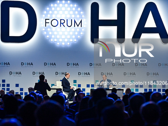 Russian Foreign Minister Sergei Lavrov answers questions during the Doha Forum 2024 at Sheraton Grand Doha Resort & Convention Hotel ahead o...