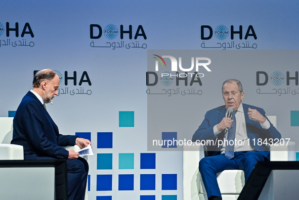 Russian Foreign Minister Sergei Lavrov answers questions during the Doha Forum 2024 at Sheraton Grand Doha Resort & Convention Hotel ahead o...