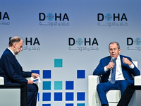 Russian Foreign Minister Sergei Lavrov answers questions during the Doha Forum 2024 at Sheraton Grand Doha Resort & Convention Hotel ahead o...