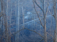 The Washington DC Fire Department battles a brush fire in Rock Creek Park, a National Park in Washington DC, on December 7, 2024. The fire b...