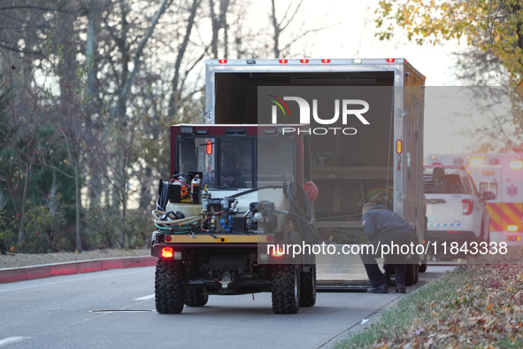 The Washington DC Fire Department battles a brush fire in Rock Creek Park, a National Park in Washington DC, on December 7, 2024. The fire b...