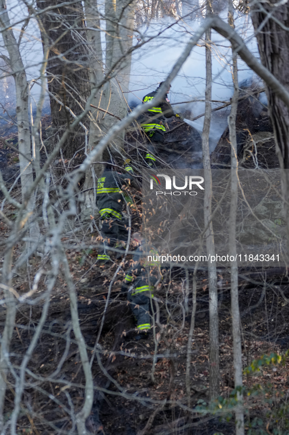 The Washington DC Fire Department battles a brush fire in Rock Creek Park, a National Park in Washington DC, on December 7, 2024. The fire b...