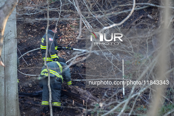 The Washington DC Fire Department battles a brush fire in Rock Creek Park, a National Park in Washington DC, on December 7, 2024. The fire b...