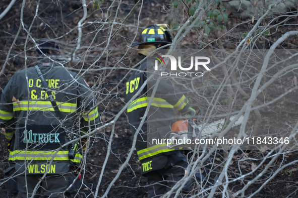 The Washington DC Fire Department battles a brush fire in Rock Creek Park, a National Park in Washington DC, on December 7, 2024. The fire b...