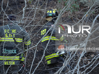 The Washington DC Fire Department battles a brush fire in Rock Creek Park, a National Park in Washington DC, on December 7, 2024. The fire b...