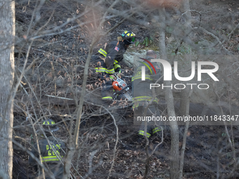 The Washington DC Fire Department battles a brush fire in Rock Creek Park, a National Park in Washington DC, on December 7, 2024. The fire b...