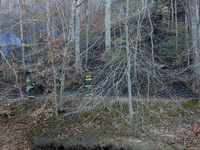 The Washington DC Fire Department battles a brush fire in Rock Creek Park, a National Park in Washington DC, on December 7, 2024. The fire b...