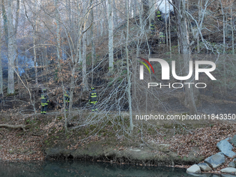 The Washington DC Fire Department battles a brush fire in Rock Creek Park, a National Park in Washington DC, on December 7, 2024. The fire b...