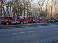 The Washington DC Fire Department battles a brush fire in Rock Creek Park, a National Park in Washington DC, on December 7, 2024. The fire b...