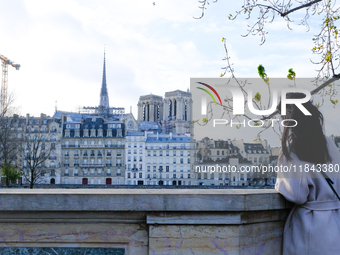 A woman observes Notre Dame Cathedral. (