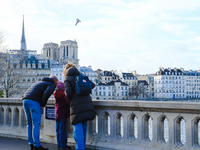 A family observes Notre-Dame Cathedral from a bridge on Ile Saint-Louis. (